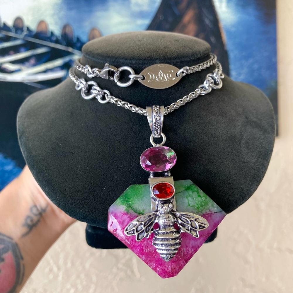 925 sterling silver overlay pink green agate & mystic topaz bee boho necklace . - Picture 14 of 14